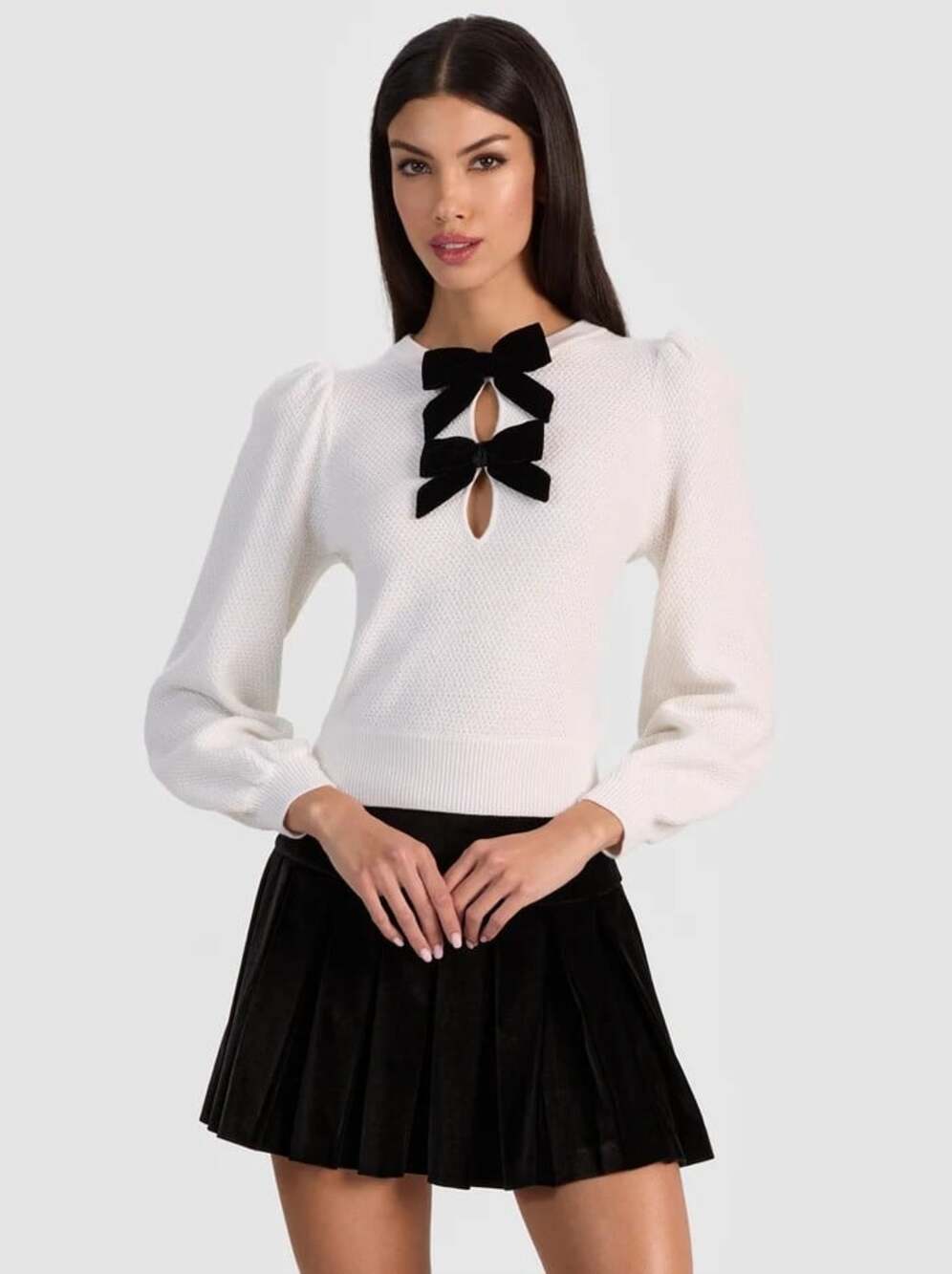 Alice + Olivia Doris Soft White Black Wool Pointelle Sweater Small NWT $495